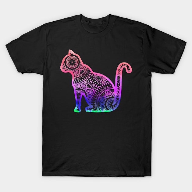 Colorful Mandala Tie-Dye Pattern In Cat Silhouette T-Shirt by Nonconformist